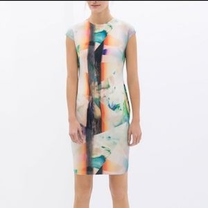 NWT Zara Watercolor Neoprene Mheath Scuba Bodycon Dress sz S